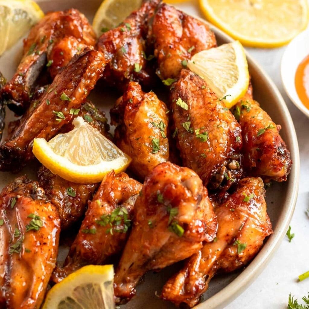 chicken wings with black pepper sauce garnish with lemon wedges