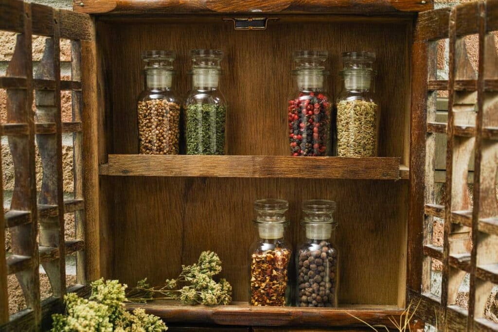 spice jars in a wooden rack