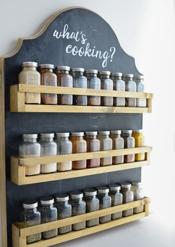 wooden frames on a chalkboard used to organize the spice jars