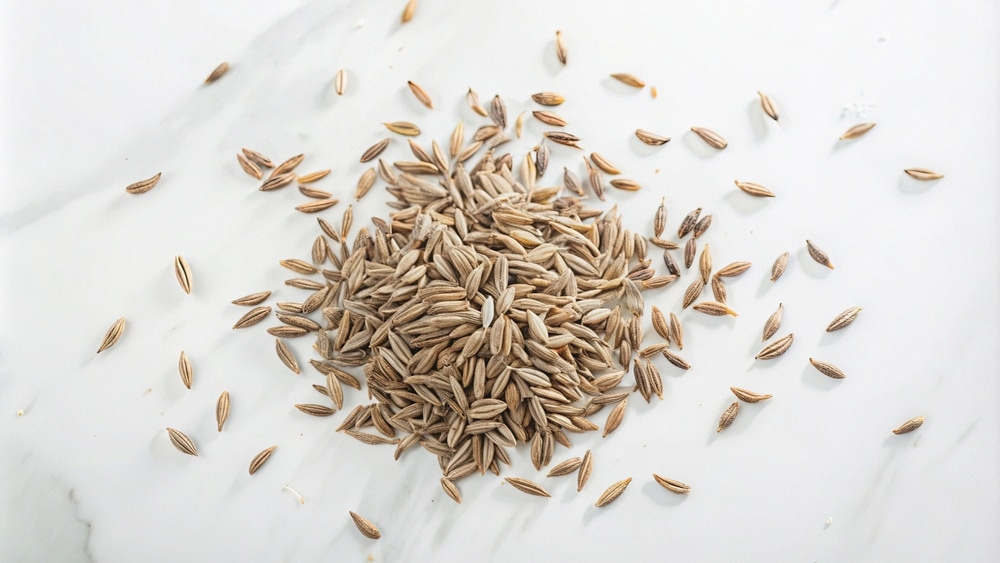 A Close up Of A Pile Of Cumin Seeds On A White Marble Surface 