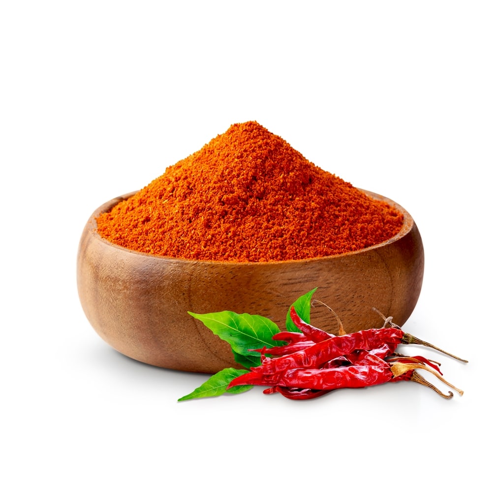 Chili Powder In Wooden Bowl Isolated On White Background