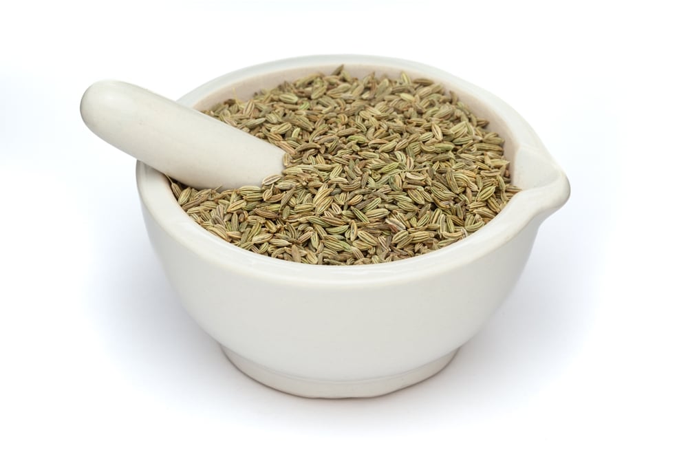 Close-up of Dry Organic Fennel Seeds (Foeniculum vulgare) Badi saunf, in white ceramic mortar
