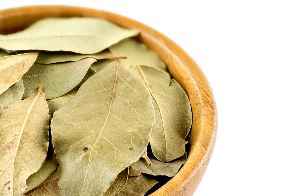 Macro Of Whole Dried Organic Bay Leaves With White Background