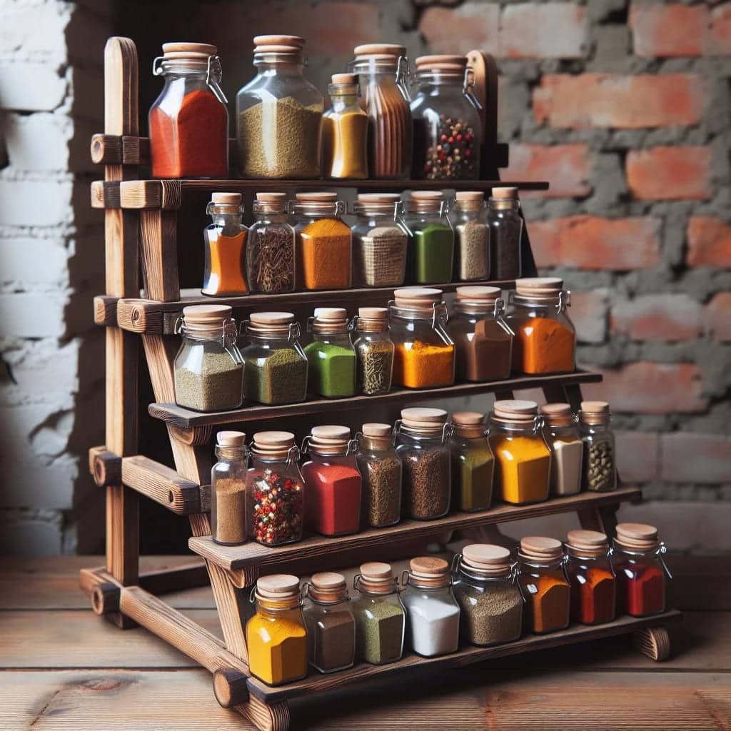 a wooden ladder spice rack