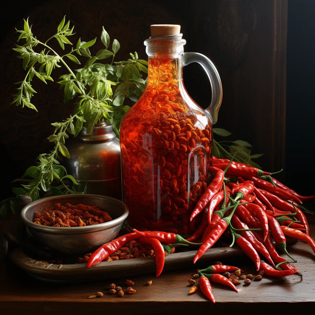 pepper sauce in a bottle with cork peppers spread along its side pepper plant and spices placed in a silver bowl