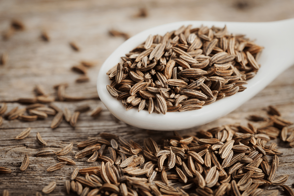 Cumin seeds in white spoon on wooden board