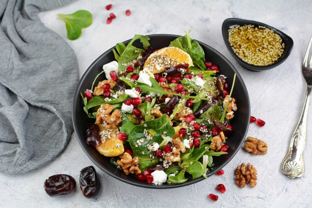 Goat's Cheese Salad with Arugula Dates Oranges Walnuts and Zaatar Dressing