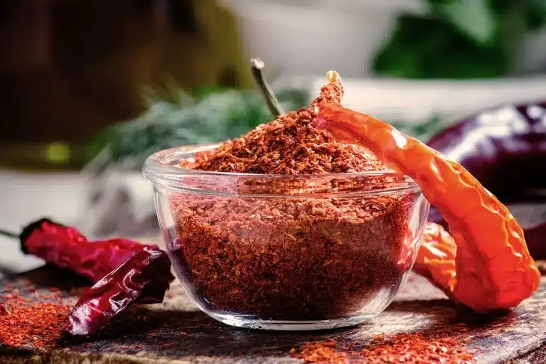 a bowl of powdered Cayenne Pepper along with the whole dried Cayenne Peppers