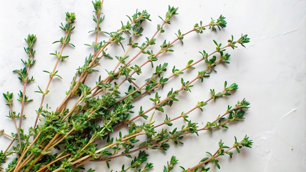 A close-up image of fresh thyme sprigs arranged on a white background. 