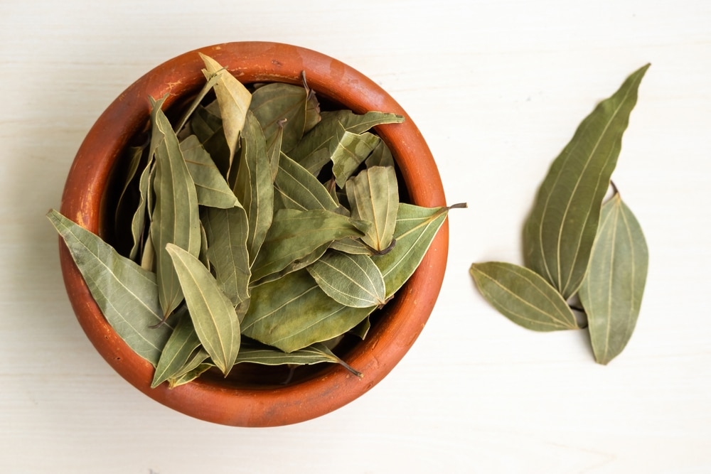 Dried bay leaves (Laurus nobilis) in an earthen pot on a wooden background.