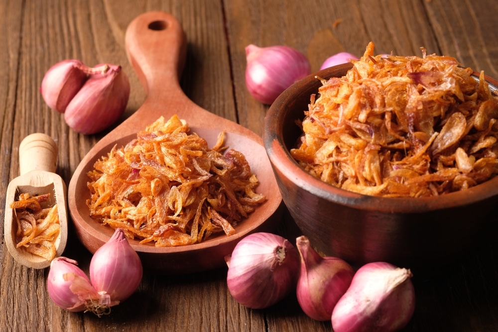 fried shallots in an earthenware bowl