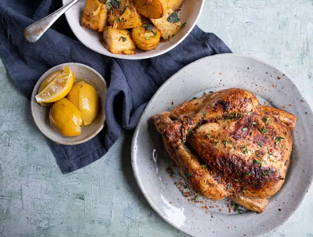 roasted chicken with aleppo pepper lime wedges in a bowl