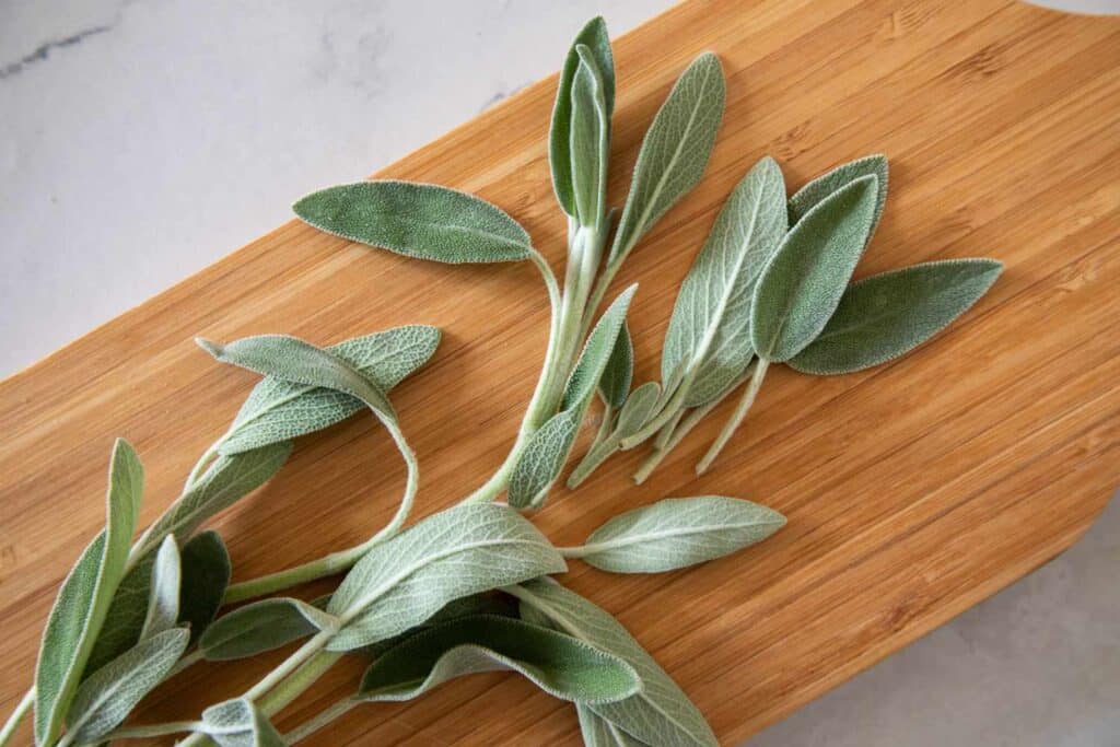 sage leaves on wooden surface