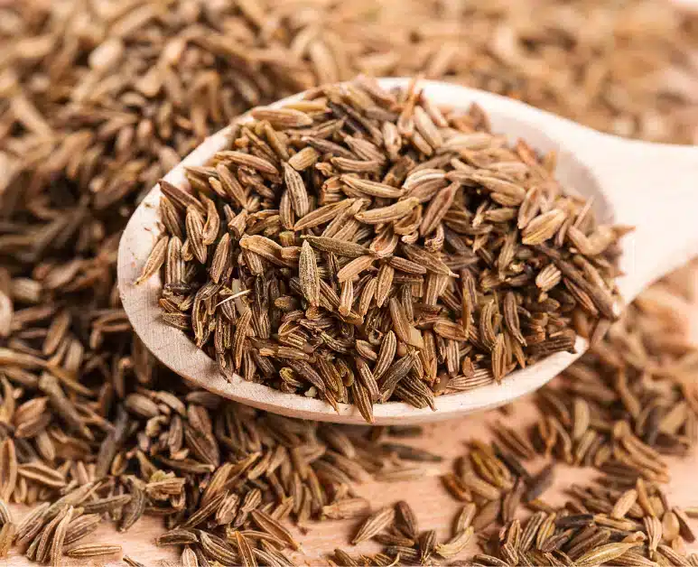 close up of cumin seeds in wooden spoon