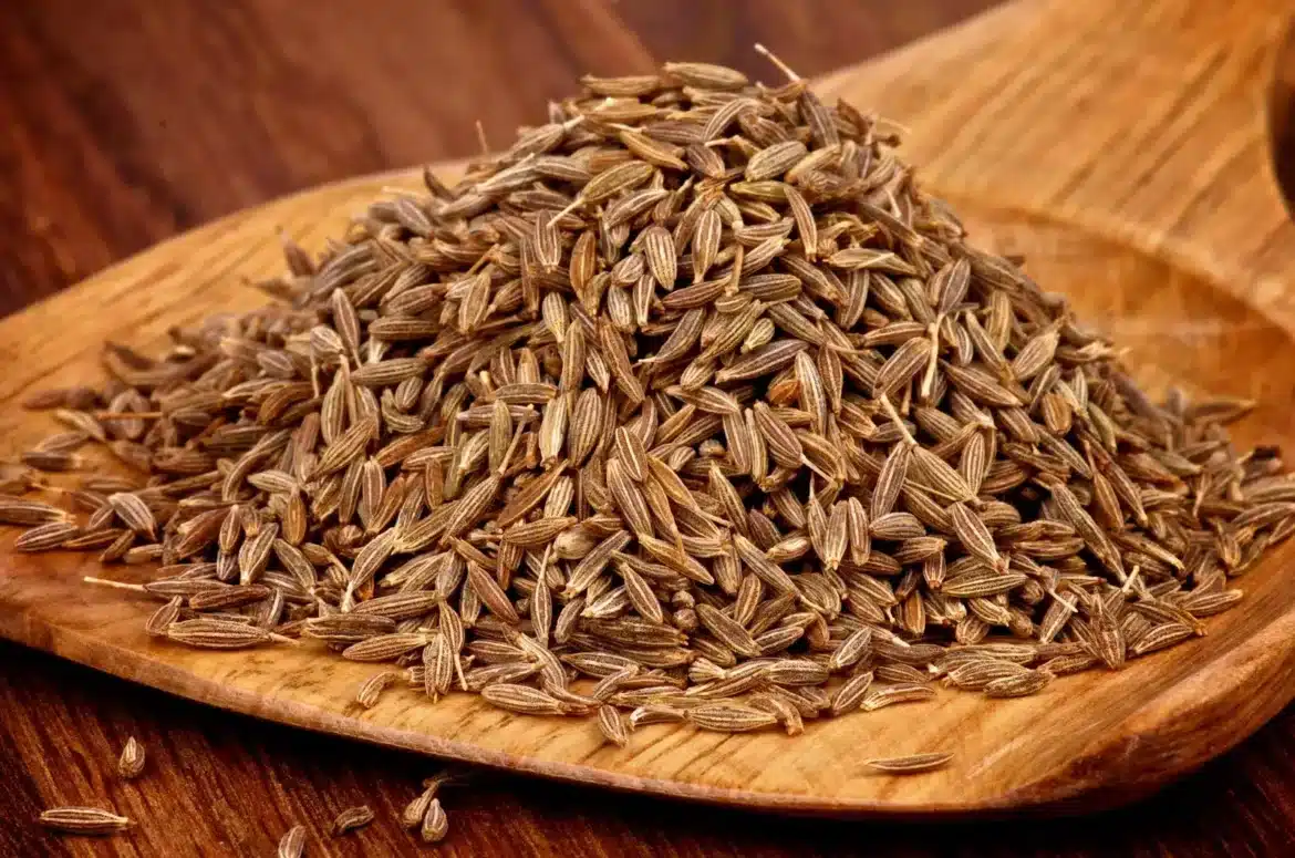 zoomed view of cumin seeds in wooden tray