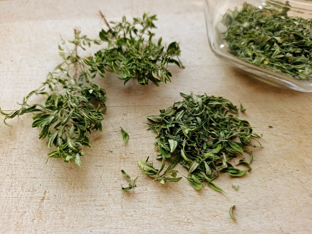 Close Up Of Dried Lemon Thyme On A Wooden Cutting Board 